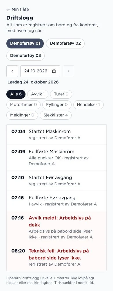 Driftslogg i Kveile med gjennomførte kontroller, et avvik og en teknisk hendelse på samme dato.