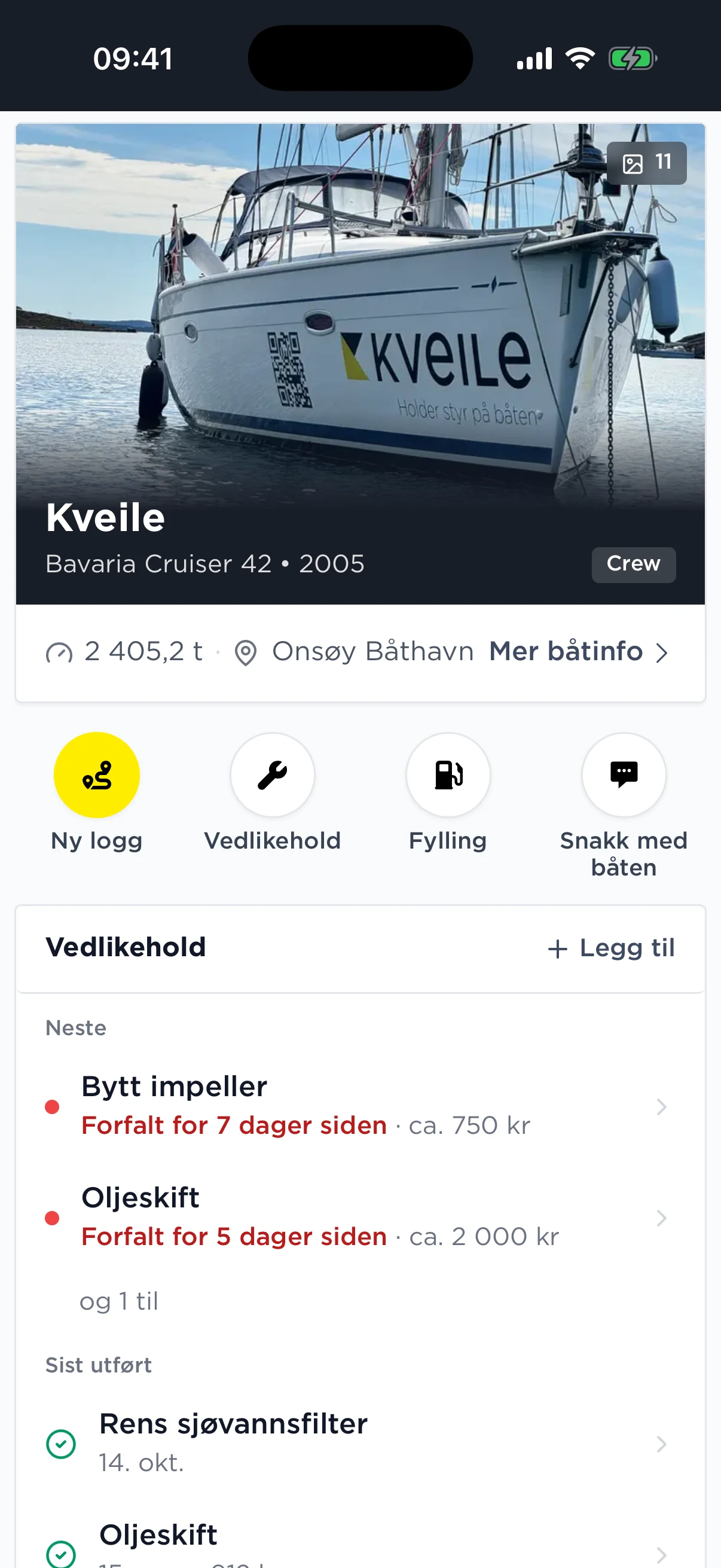 Dashboard i Kveile: kommende vedlikehold med bytte av impeller og oljeskift