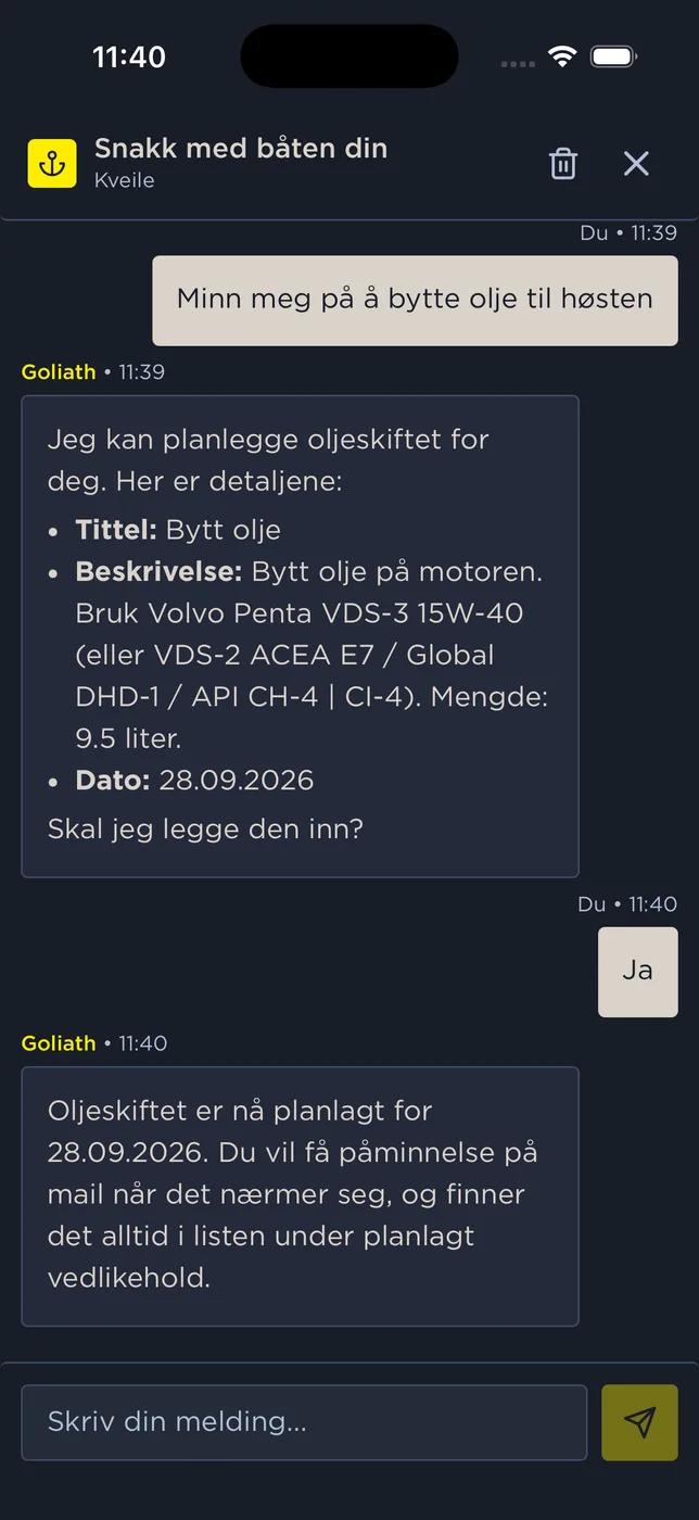 Snakk med båten din — AI-assistent for vedlikehold, turer og kostnader