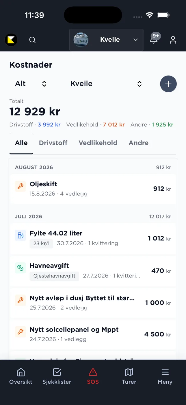 Full kostnadsoversikt for båten — drivstoff, vedlikehold og kvitteringer