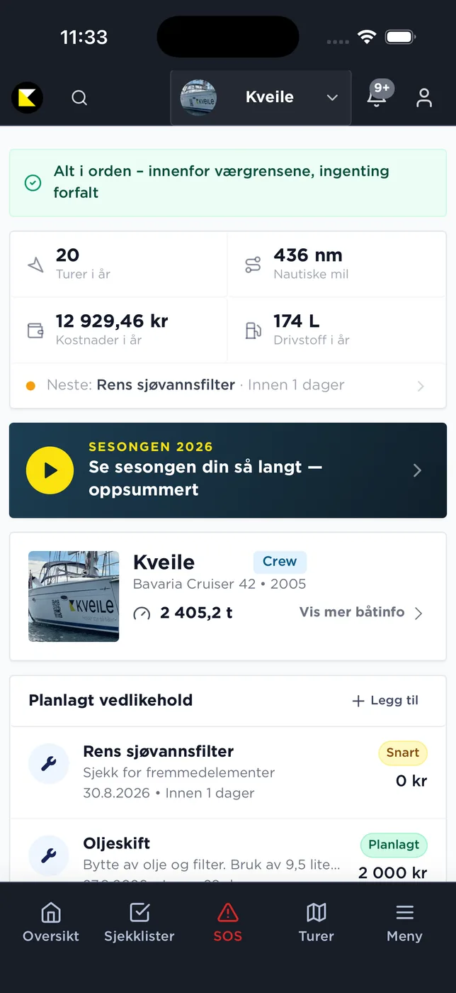 Kveile-appen viser båtens status, turer og planlagt vedlikehold