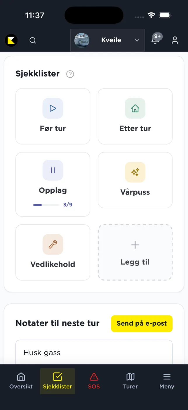 Sjekklister i Kveile-appen for før tur, opplag og vårpuss