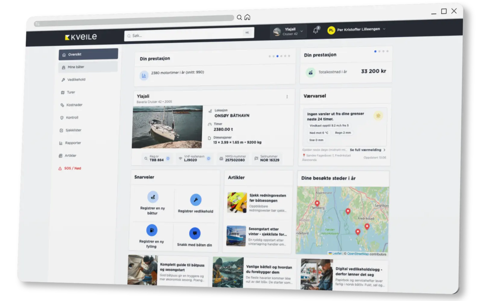 Dashboard i Kveile med båtoversikt