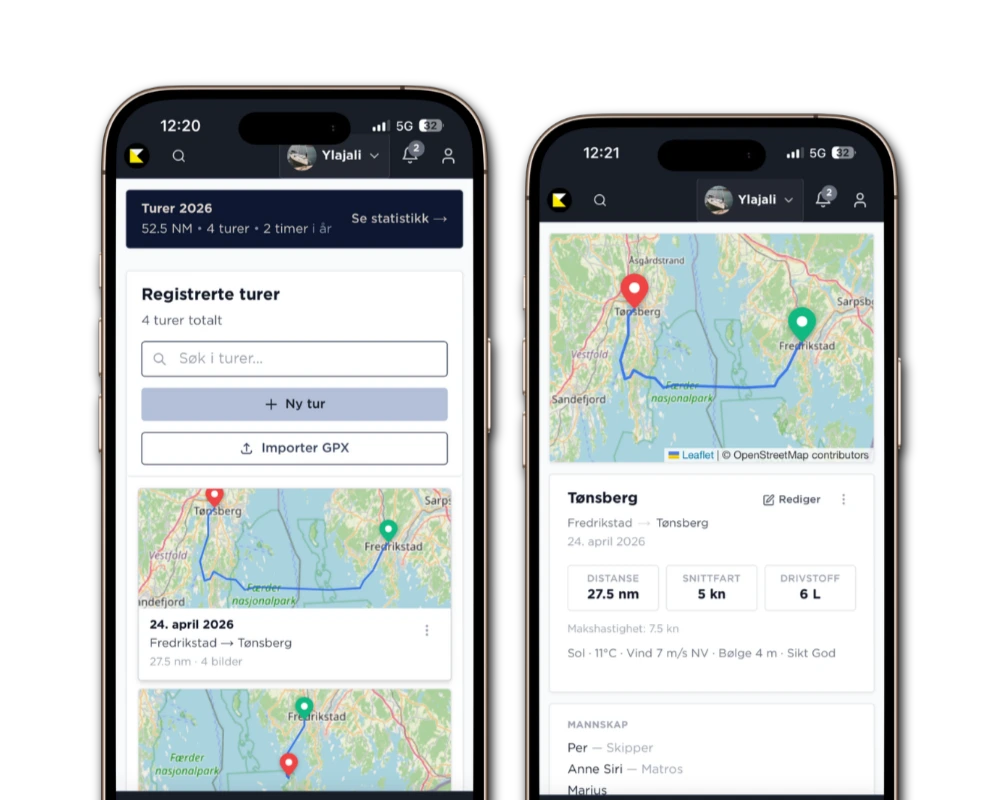 Kveile på mobil med turlogg og rute