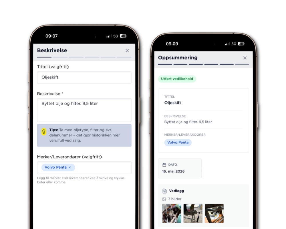 Vedlikehold og kvitteringer på mobil