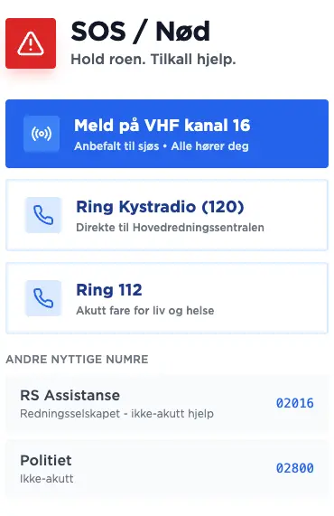 Skjermbilde av SOS-kontaktliste i Kveile