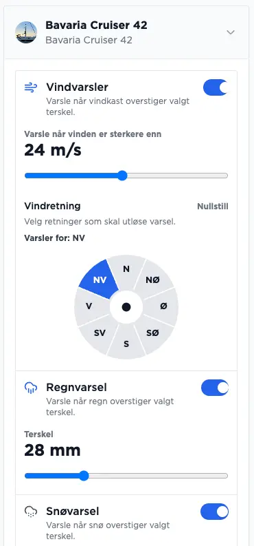 Skjermbilde av værvarsling i Kveile – vindgrenser og terskler