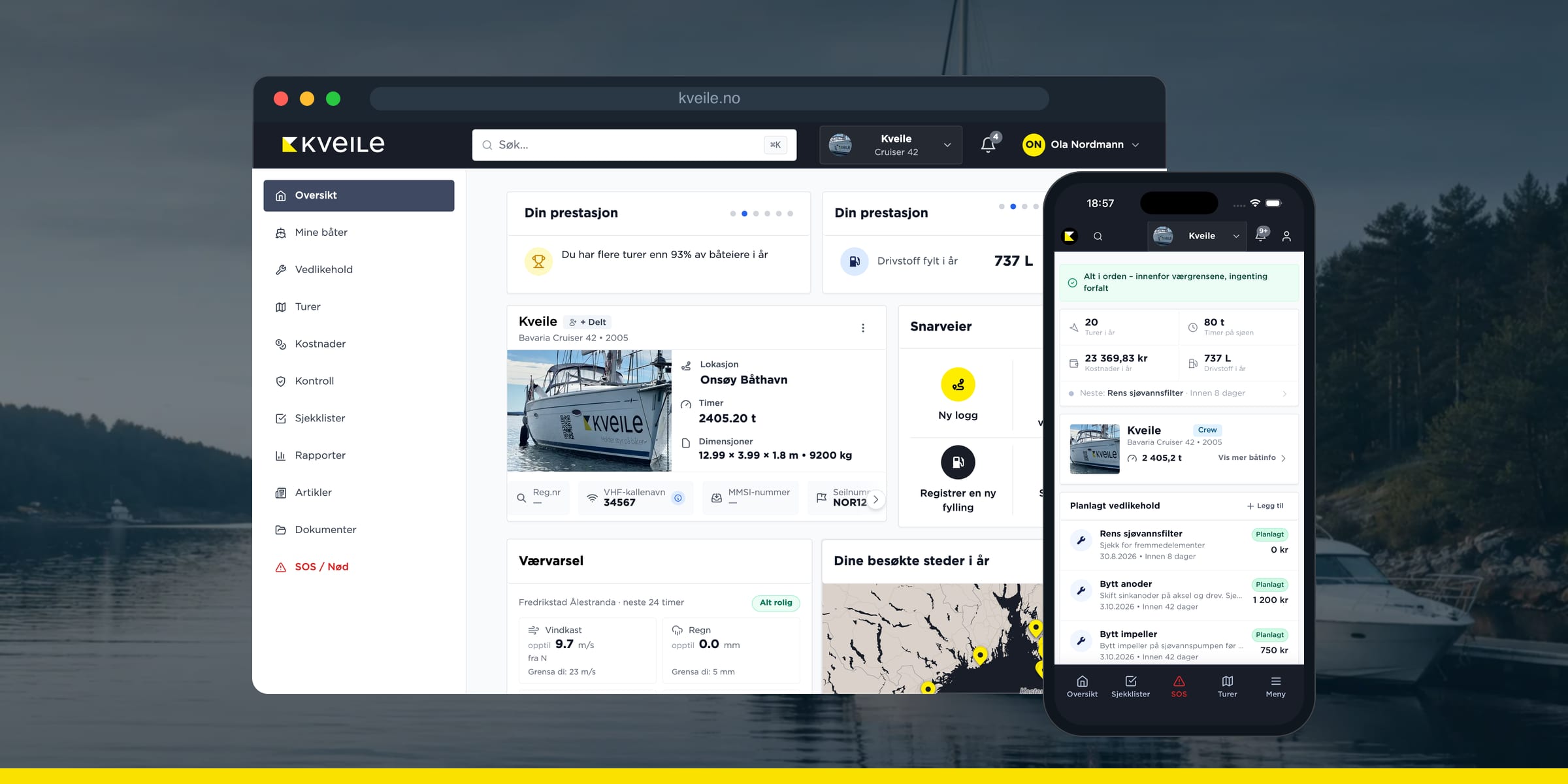 Kveile på nett og i app: dashbordet i nettleseren og mobilappen med båten og planlagt vedlikehold, foran en stille havn